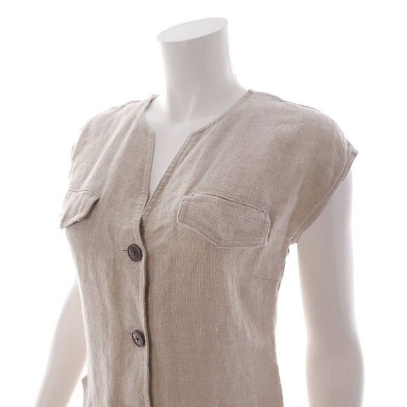 Tommy Bahama Beige Tan Solid Button Front Snap Pockets Linen Shirt Dress - Picture 6 of 9